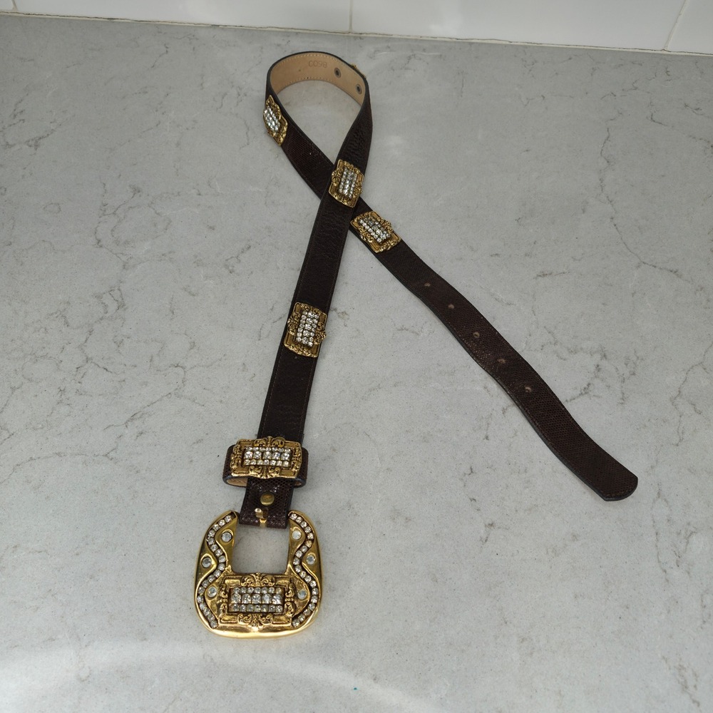 Leatherock Belt Rhinestone Lizard Embossed Large Brown Women